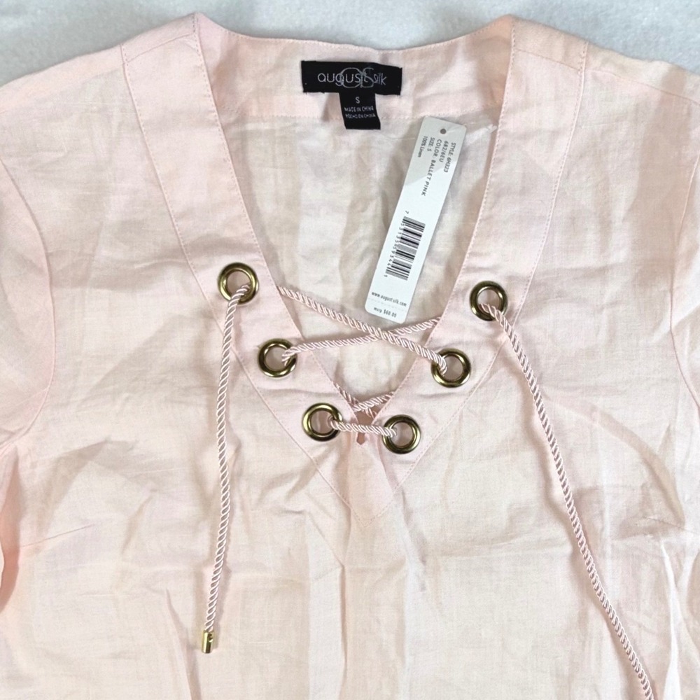 August Silk Linen Tunic Womens Small Lace Up Grommet 3/4 Sleeve Ballet Pink NWT
